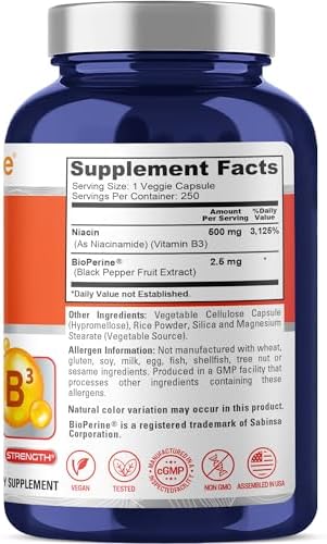 NusaPure Niacina Sin Enrojecimiento - 500 mg - 250 Cápsulas - Apta para Vegetarianos/Veganos, No GMO - imagen 3