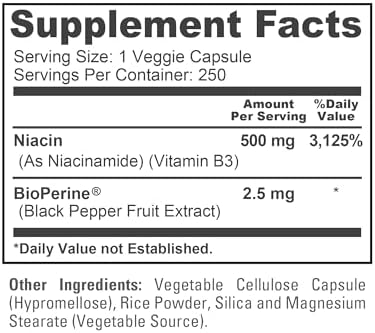 NusaPure Niacina Sin Enrojecimiento - 500 mg - 250 Cápsulas - Apta para Vegetarianos/Veganos, No GMO - imagen 4