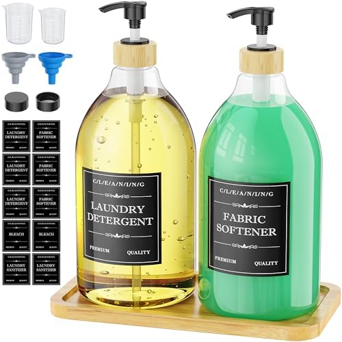 Dispensador de detergente líquido Moforoco con bandeja de bambú, 2 paquetes de 64 oz, dispensador de suavizante con bomba y etiquetas para - imagen 1