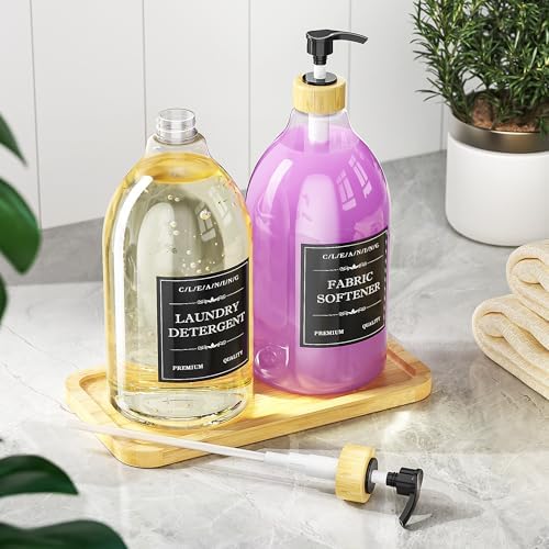 Dispensador de detergente líquido Moforoco con bandeja de bambú, 2 paquetes de 64 oz, dispensador de suavizante con bomba y etiquetas para - imagen 2