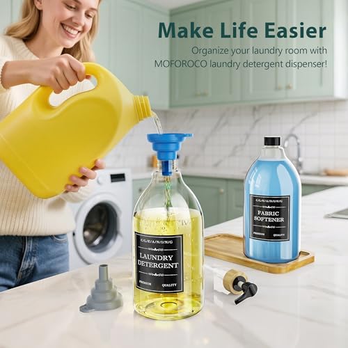 Dispensador de detergente líquido Moforoco con bandeja de bambú, 2 paquetes de 64 oz, dispensador de suavizante con bomba y etiquetas para - imagen 5