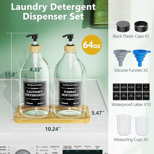Dispensador de detergente líquido Moforoco con bandeja de bambú, 2 paquetes de 64 oz, dispensador de suavizante con bomba y etiquetas para - imagen 7
