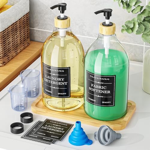 Dispensador de detergente líquido Moforoco con bandeja de bambú, 2 paquetes de 64 oz, dispensador de suavizante con bomba y etiquetas para - imagen 8