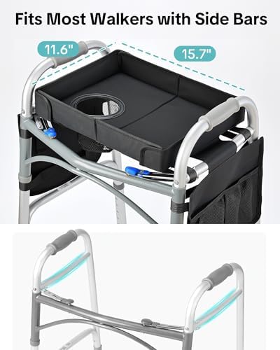 Bandeja FANGSUN para Andador Plegable – Bandeja con Bolsillos Laterales y Porta Vaso, a Prueba de Derrames, Fácil de Instalar, Compatible con - imagen 2