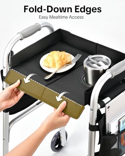 Bandeja FANGSUN para Andador Plegable – Bandeja con Bolsillos Laterales y Porta Vaso, a Prueba de Derrames, Fácil de Instalar, Compatible con - imagen 4