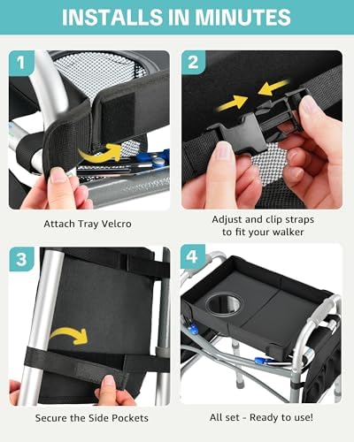 Bandeja FANGSUN para Andador Plegable – Bandeja con Bolsillos Laterales y Porta Vaso, a Prueba de Derrames, Fácil de Instalar, Compatible con - imagen 6