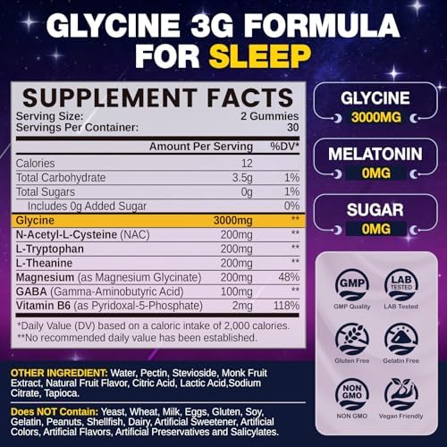 Gomitas de Glycine para Dormir, Suplementos de 3g con NAC, Magnesio, L-Theanina, GABA, L Triptófano, B6, Sin Melatonina, Sin Azúcar, Veganas, Sabor - imagen 2