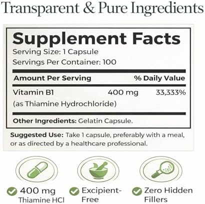 Suplemento de Vitamina B1 (Tiamina) 400mg de Dr. Clark - Apoyo al Sistema Nervioso y Metabolismo Energético, Libre de Gluten y Lácteos - 100 Cápsulas - imagen 2