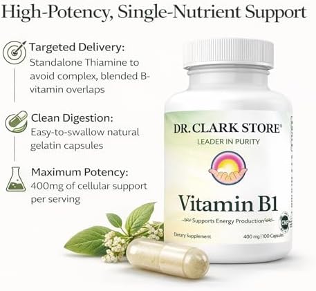 Suplemento de Vitamina B1 (Tiamina) 400mg de Dr. Clark - Apoyo al Sistema Nervioso y Metabolismo Energético, Libre de Gluten y Lácteos - 100 Cápsulas - imagen 3