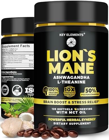 Cápsulas Orgánicas de Lion's Mane de KEY ELEMENTS con Aceite MCT para Apoyo Cerebral y Enfoque Relajado - Extracto de Lion's Mane con Ashwagandha y - imagen 1