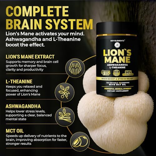 Cápsulas Orgánicas de Lion's Mane de KEY ELEMENTS con Aceite MCT para Apoyo Cerebral y Enfoque Relajado - Extracto de Lion's Mane con Ashwagandha y - imagen 3