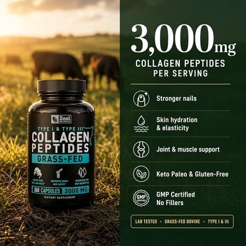 Cápsulas de Péptidos de Colágeno 360 Piezas - Colágeno Hidrolizado de Res Alimentada con Pasto - Suplementos para Cabello, Piel, Uñas y Articulaciones - imagen 3