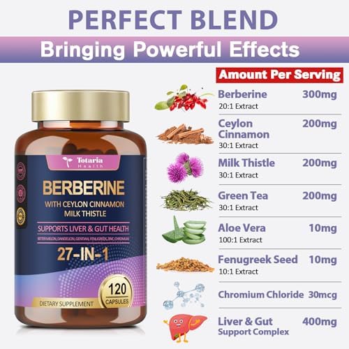 Suplemento de Berberina con Canela de Ceilán y Cardo Mariano - Fórmula Natural GLP-1, Berberina Plus para Salud Hepática y Digestiva, Inmunidad, - imagen 2