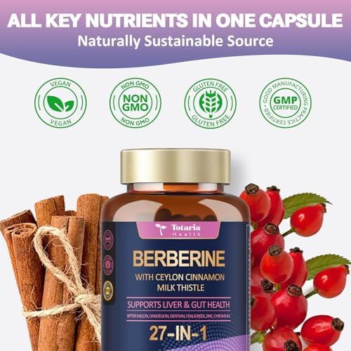 Suplemento de Berberina con Canela de Ceilán y Cardo Mariano - Fórmula Natural GLP-1, Berberina Plus para Salud Hepática y Digestiva, Inmunidad, - imagen 4