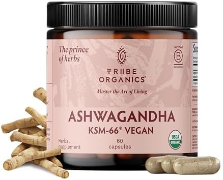 TRIBE ORGANICS Suplemento Ayurvédico Vegano de Ashwagandha KSM 66 en Polvo Orgánico - Apoyo para el Enfoque y el Ánimo, 600mg, 60 Cápsulas - imagen 1