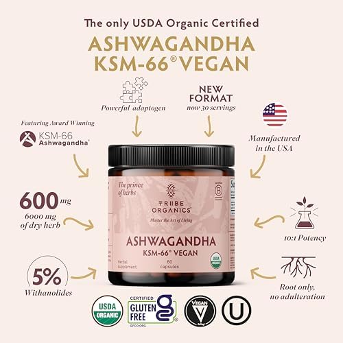 TRIBE ORGANICS Suplemento Ayurvédico Vegano de Ashwagandha KSM 66 en Polvo Orgánico - Apoyo para el Enfoque y el Ánimo, 600mg, 60 Cápsulas - imagen 2