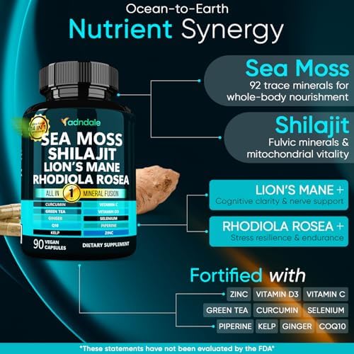 Combo Adndale SeaMoss y Shilajit - Paquete de Musgo Marino y Shilajit con Cápsulas de Lion's Mane, CoQ10 y Rhodiola Rosea - 90 Cápsulas - imagen 2