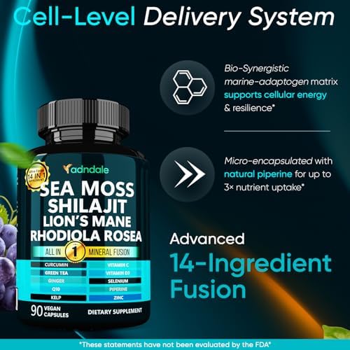 Combo Adndale SeaMoss y Shilajit - Paquete de Musgo Marino y Shilajit con Cápsulas de Lion's Mane, CoQ10 y Rhodiola Rosea - 90 Cápsulas - imagen 3