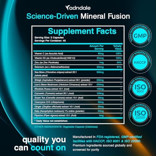 Combo Adndale SeaMoss y Shilajit - Paquete de Musgo Marino y Shilajit con Cápsulas de Lion's Mane, CoQ10 y Rhodiola Rosea - 90 Cápsulas - imagen 4