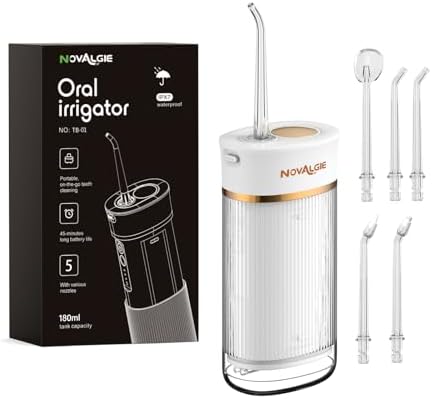 Hilo Dental Portátil Novalgie, Irrigador Oral Mini Inalámbrico con Tanque Telescópico de 180ML, 3 Modos y 5 Boquillas, IPX7, Limpiador de Dientes - imagen 3