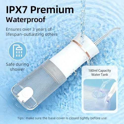 Hilo Dental Portátil Novalgie, Irrigador Oral Mini Inalámbrico con Tanque Telescópico de 180ML, 3 Modos y 5 Boquillas, IPX7, Limpiador de Dientes - imagen 4