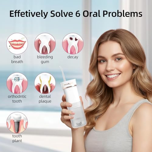 Hilo Dental Portátil Novalgie, Irrigador Oral Mini Inalámbrico con Tanque Telescópico de 180ML, 3 Modos y 5 Boquillas, IPX7, Limpiador de Dientes - imagen 5