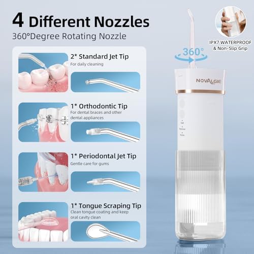 Hilo Dental Portátil Novalgie, Irrigador Oral Mini Inalámbrico con Tanque Telescópico de 180ML, 3 Modos y 5 Boquillas, IPX7, Limpiador de Dientes - imagen 6