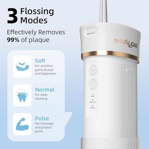 Hilo Dental Portátil Novalgie, Irrigador Oral Mini Inalámbrico con Tanque Telescópico de 180ML, 3 Modos y 5 Boquillas, IPX7, Limpiador de Dientes - imagen 8