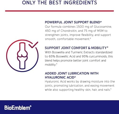 Suplemento para Articulaciones BioEmblem Glucosamina Sulfato 1500mg con Condroitina, MSM, Boswellia, Cúrcuma y Ácido Hialurónico, 90 Cápsulas - imagen 2