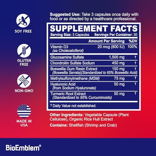Suplemento para Articulaciones BioEmblem Glucosamina Sulfato 1500mg con Condroitina, MSM, Boswellia, Cúrcuma y Ácido Hialurónico, 90 Cápsulas - imagen 5