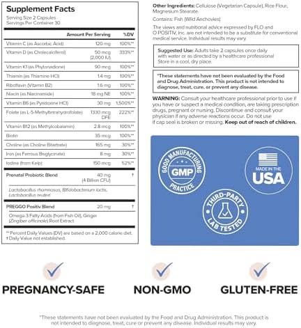 Cápsulas de Multivitamínico Prenatal + Probiótico O Positiv PREGGO – Fórmula Avanzada con Folato, Colina, Omega-3, Vitaminas y Minerales – 30 - imagen 5