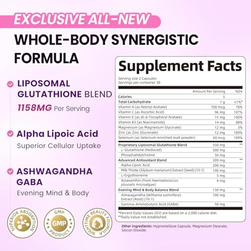 Glutatión Liposomal 500mg, Apoyo Nocturno para Belleza y Hígado con Cardo Mariano, Ácido Alfa Lipoico y Astaxantina | Complejo Antioxidante 15-en-1 - imagen 4