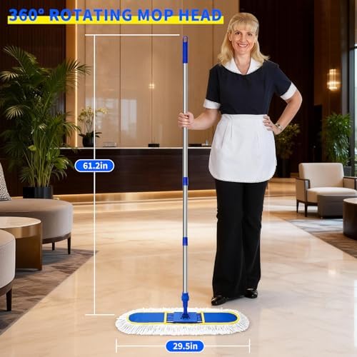 Mopa Comercial de 29.5 para Limpieza de Pisos, Duster Pesado con 2 Paños de Algodón Reutilizables, Mango Largo de 61” para Pisos de Madera, Mármol, - imagen 2