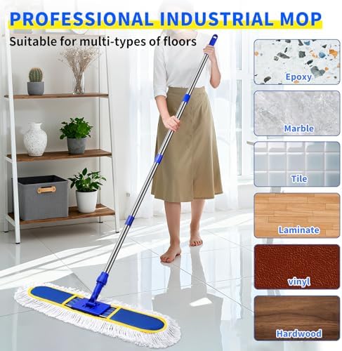 Mopa Comercial de 29.5 para Limpieza de Pisos, Duster Pesado con 2 Paños de Algodón Reutilizables, Mango Largo de 61” para Pisos de Madera, Mármol, - imagen 3