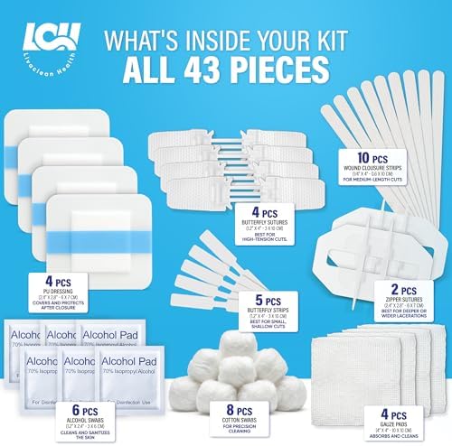 Kit de 43 Piezas para Cierre de Heridas - Bandas Mariposa, 4 Tipos - Vendajes de Sutura, Gasas, Apósitos de PU, Alcohol y Hisopos - Kit de Emergencia - imagen 2