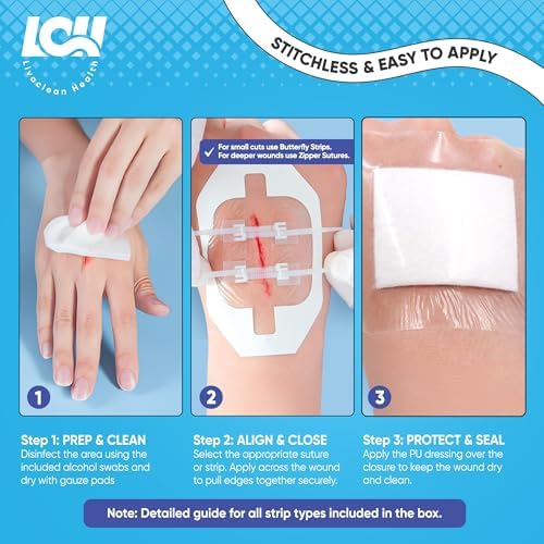 Kit de 43 Piezas para Cierre de Heridas - Bandas Mariposa, 4 Tipos - Vendajes de Sutura, Gasas, Apósitos de PU, Alcohol y Hisopos - Kit de Emergencia - imagen 3