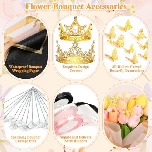 Accesorios para Ramo de Flores Cridoz 195 Piezas: 40 Papeles de Regalo, 4 Coronas Doradas, 48 Mariposas, 100 Alfileres y 3 Listones - imagen 4