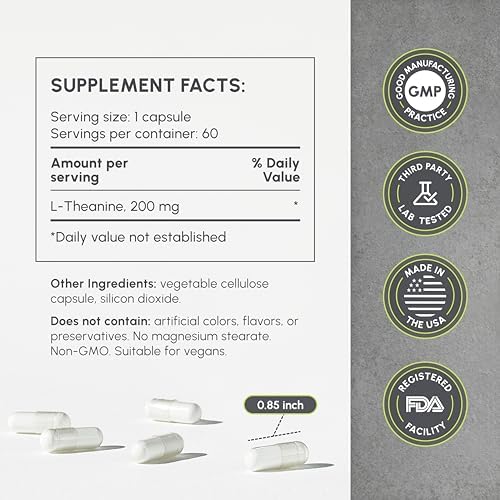 L-Theanina 200mg – Suplemento Aminoácido de Alta Potencia de Hojas de Té Verde – No GMO, Vegano – 60 Cápsulas Veganas - imagen 5