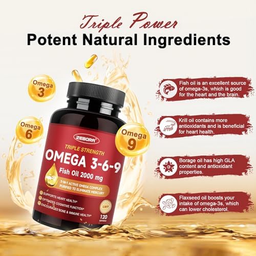 ZEBORA Aceite de Pescado Triple Omega 3-6-9 2000mg - Alta Potencia con Vitamina D3 y Astaxantina, Apoyo para Corazón, Cerebro e Inmunidad - 60 - imagen 3