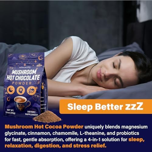 Cacao Caliente Orgánico con Hongos y Magnesio, Reishi, L-Theanina, Ashwagandha, Melisa y Lavanda, Suplemento Vegano para Sueño y Relajación, 7.4oz - imagen 4