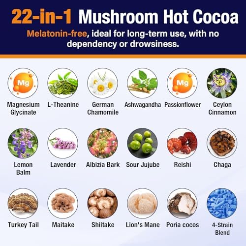 Cacao Caliente Orgánico con Hongos y Magnesio, Reishi, L-Theanina, Ashwagandha, Melisa y Lavanda, Suplemento Vegano para Sueño y Relajación, 7.4oz - imagen 6