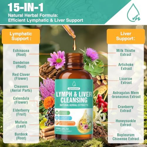 Gotas de Drenaje Linfático 23 en 1, Suplemento Detox y Reparador para Hígado con Equinácea, Alcachofa, Raíz de Bardana y Saúco, 2 Fl Oz - imagen 2