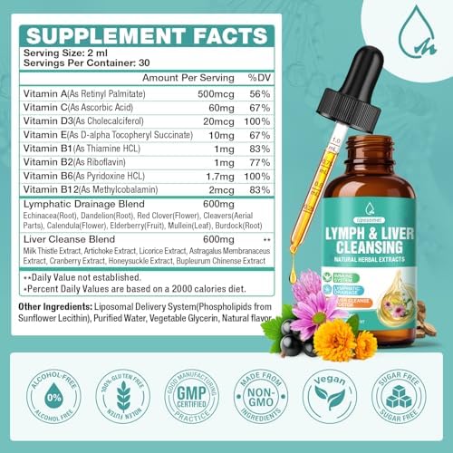 Gotas de Drenaje Linfático 23 en 1, Suplemento Detox y Reparador para Hígado con Equinácea, Alcachofa, Raíz de Bardana y Saúco, 2 Fl Oz - imagen 8