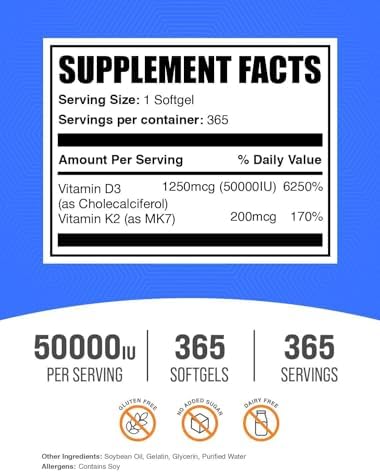 BulkSupplements.com Vitamina D3 50,000UI + Vitamina K2 200mcg Geles Blandos - 365 Contenido (Paquete de 1) - imagen 2