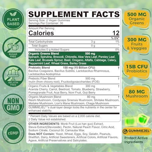 Gomitas Orgánicas Super Greens Diarias + Probióticos, Espirulina, Clorela, Espinaca, Brócoli, Fibra Prebiótica, Champiñón - Ricas en Vitaminas - - imagen 2