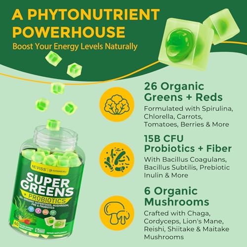 Gomitas Orgánicas Super Greens Diarias + Probióticos, Espirulina, Clorela, Espinaca, Brócoli, Fibra Prebiótica, Champiñón - Ricas en Vitaminas - - imagen 8