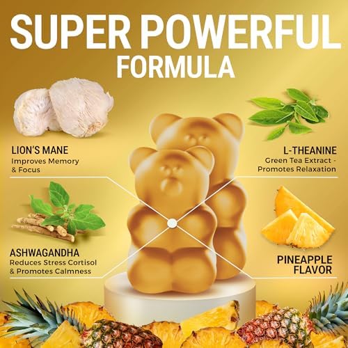 Gomitas Orgánicas de Hongo Melena de León de Alta Potencia con Ashwagandha y L-Theanina - Suplementos para la Memoria y Relajación - imagen 5