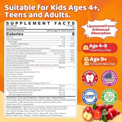 Gomitas de Vitamina C Liposomal 500mg para Niños 4+ y Adultos, con Omega-3, Saúco, Equinácea, Propóleo, Zinc, D3, Apoyo Inmunológico, Antioxidante, - imagen 2