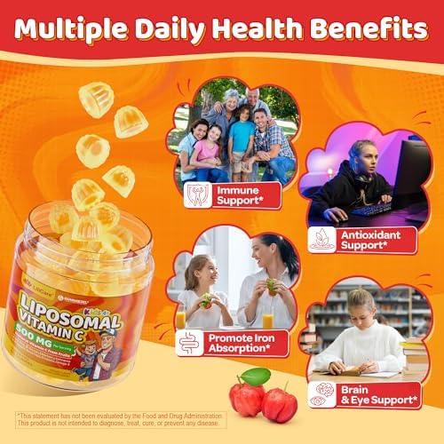 Gomitas de Vitamina C Liposomal 500mg para Niños 4+ y Adultos, con Omega-3, Saúco, Equinácea, Propóleo, Zinc, D3, Apoyo Inmunológico, Antioxidante, - imagen 6
