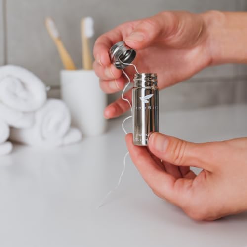 Kit de Hilo Dental de Seda Pura TreeBird - Dispensador Refillable (Acero Inoxidable) + 3×33 yd Recargas de Seda | Con Cera de Candelilla | Sabor Menta - imagen 2